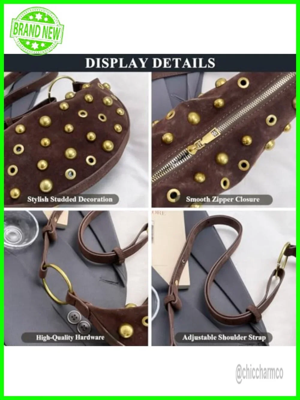 Studded Faux Suede Hobo Crescent Crossbody Bag Shoulder Purse
